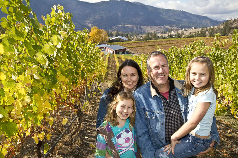 Jak Meyer, Janice Stevens and family at home in their Okanagan vineyards.