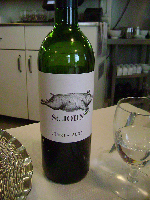 A lovely bottle of the wonderful St. John Claret that was heartily enjoyed.