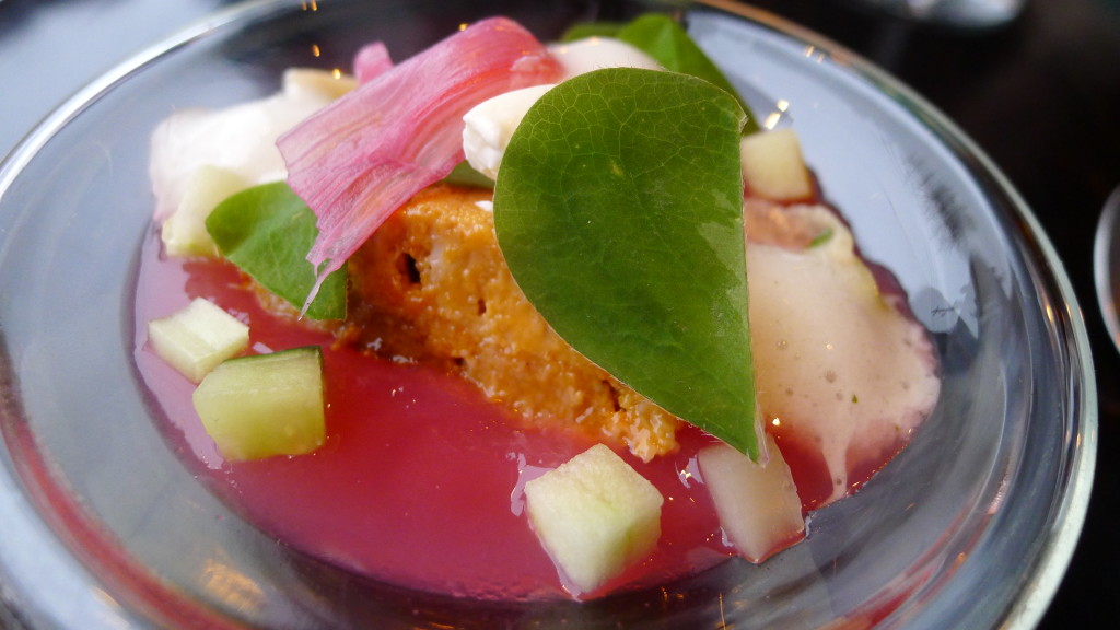 Victor Barry's Uni, Rhubarb, and Spruce with Pickled Ginger, Crème fraiche, Celery Sorbet, Wood Sorrel. Paired perfectly with the 2012 Marc Bredif Vouvray, Loire, France