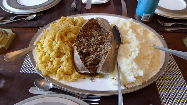 Neeps, Haggis, and Tatties. (Mashed Rutabega, Haggis, and Mashed Potatoes)... a dish that I had on a monthly basis as a child.