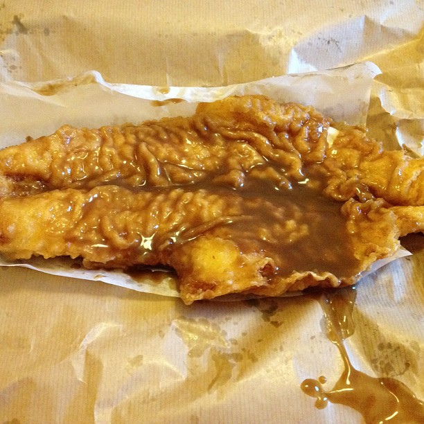 The traditional Scottish Fish Supper (here we see a "Single Fish") always covered in "brown" sauce if you are on the east coast.