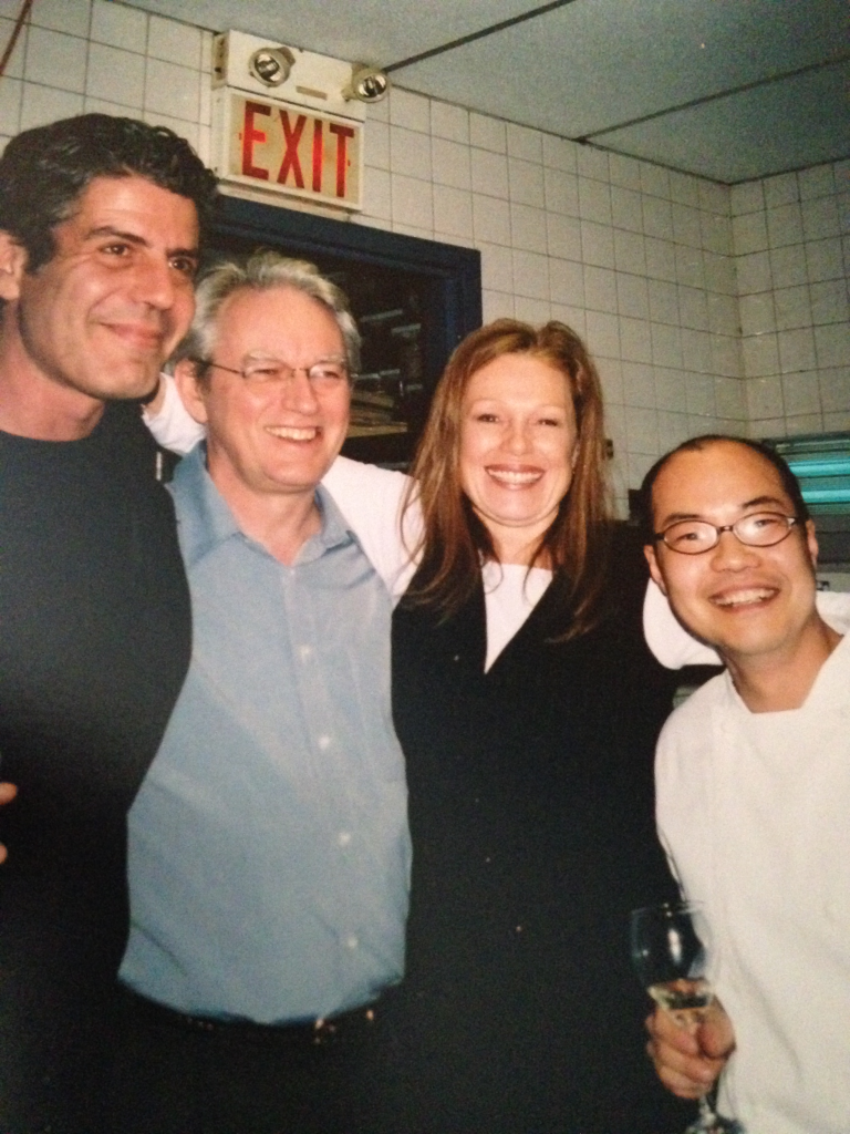 Anthony Bourdain, Kevin Gallagher, Donna Dooher, and Steve Song at Mildred Pierce for the launch party of “A Cook’s Tour”