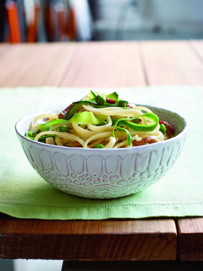 Linguine with Pancetta Peas and Zucchinni
