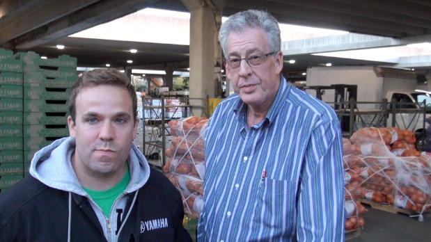 Farmer Michael Gomes and Good Food Revolution regular, Mister Joe Siegal at the Food Terminal, Toronto.