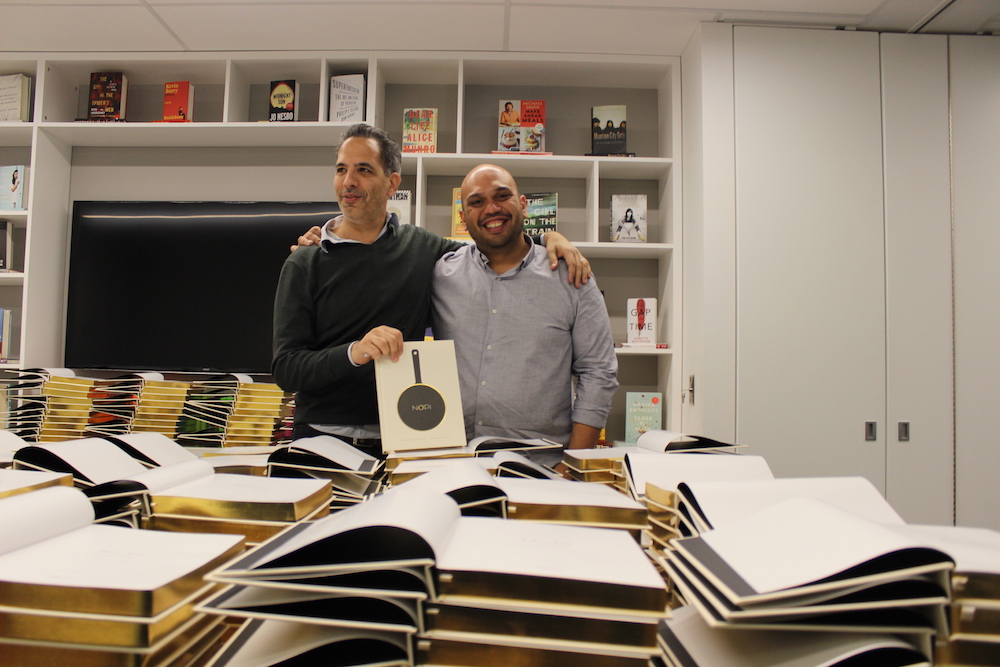 Ottolenghi and Scully with NOPI cookbooks in Toronto