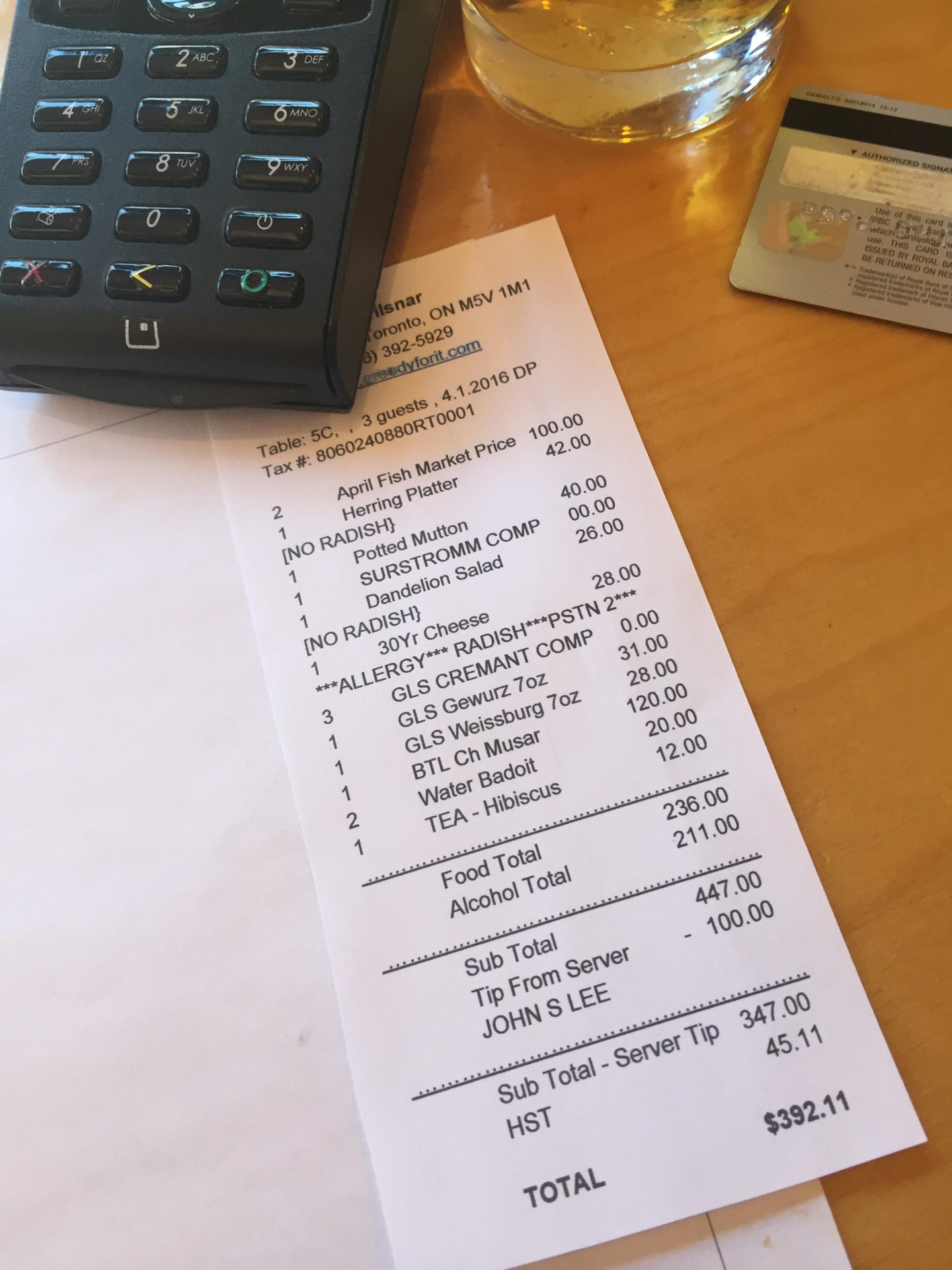 A typical bill at Toronto's recently opened Aprilsnar, featuring a tipping system that could prove to be revolutionary.