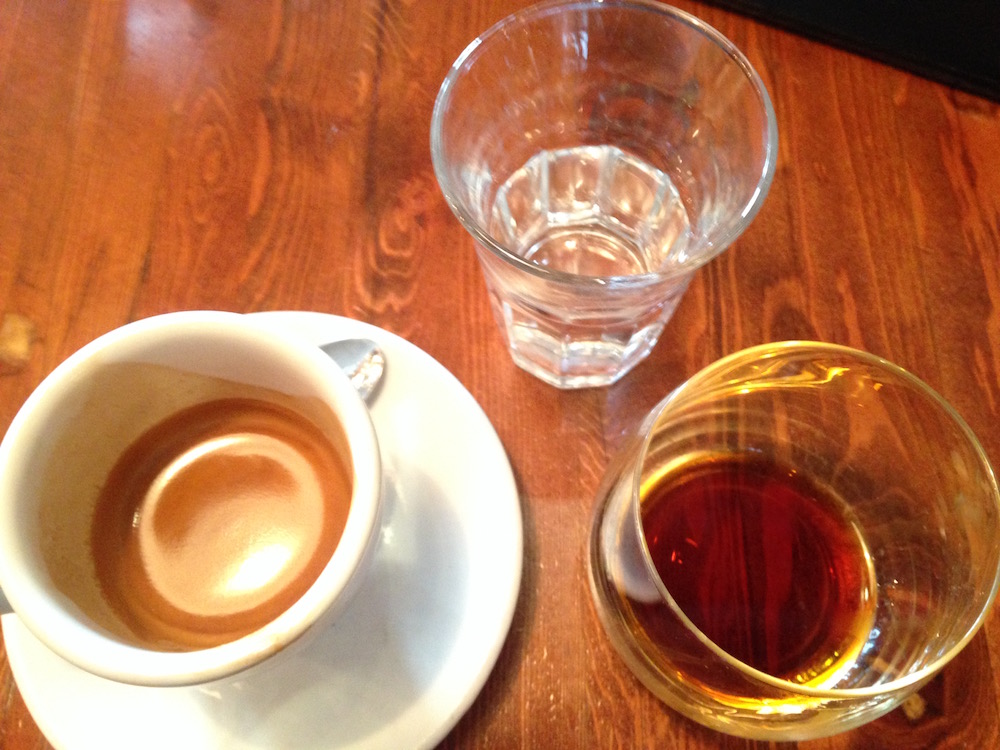 Perfect trio of Fernet Branca and espresso and water at Terroni