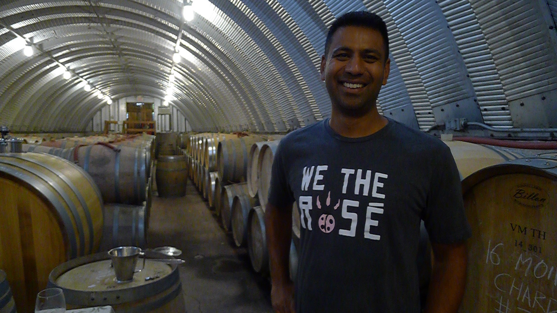 Winemaker Shiraz Mottiar at home in his barrel cellar at Malivoire... and he's looking pretty happy about the 2016 vintage thus far.