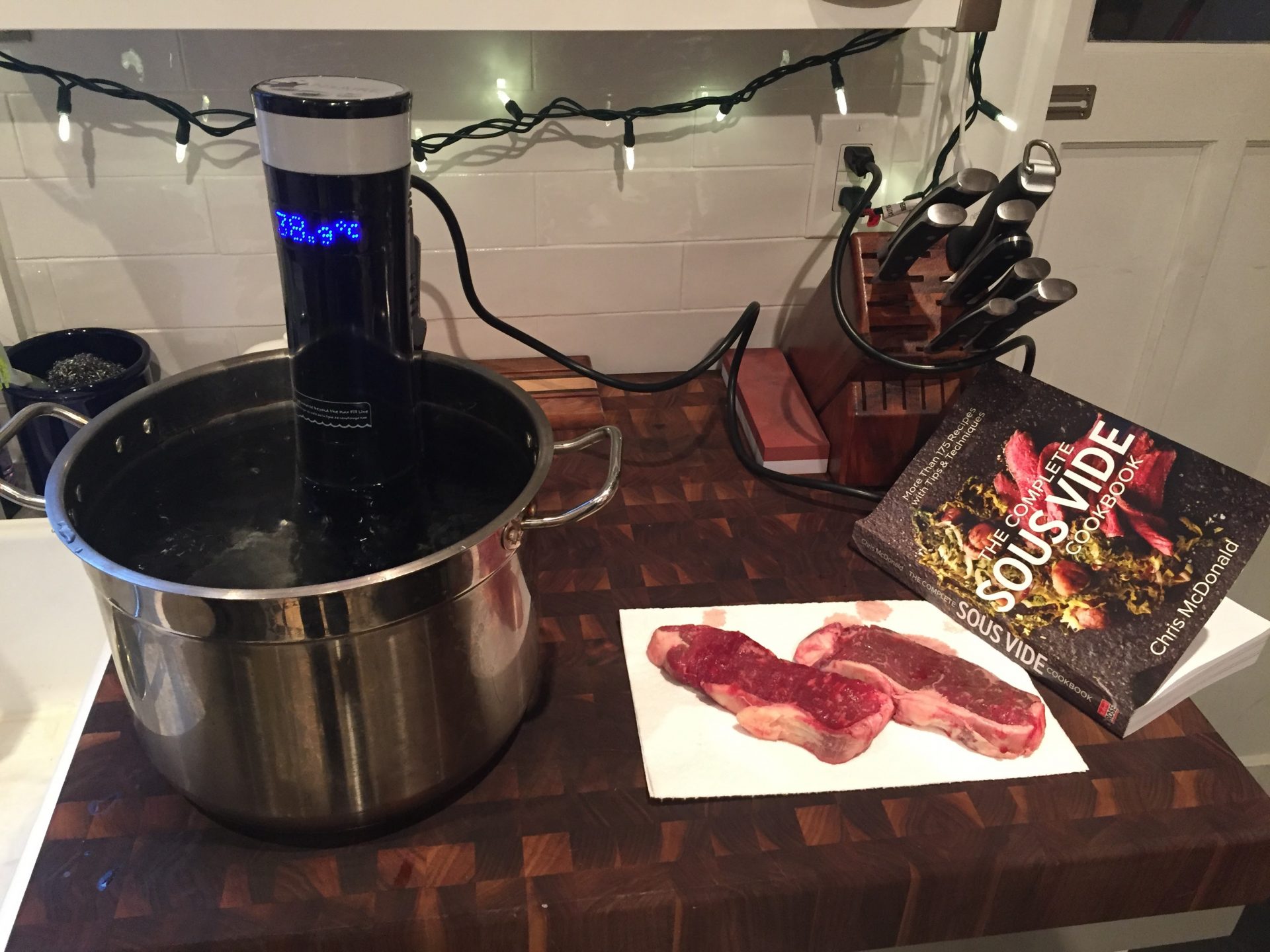 Starting off simply, getting to know the Sansaire Sous Vide with a couple of New York steaks.