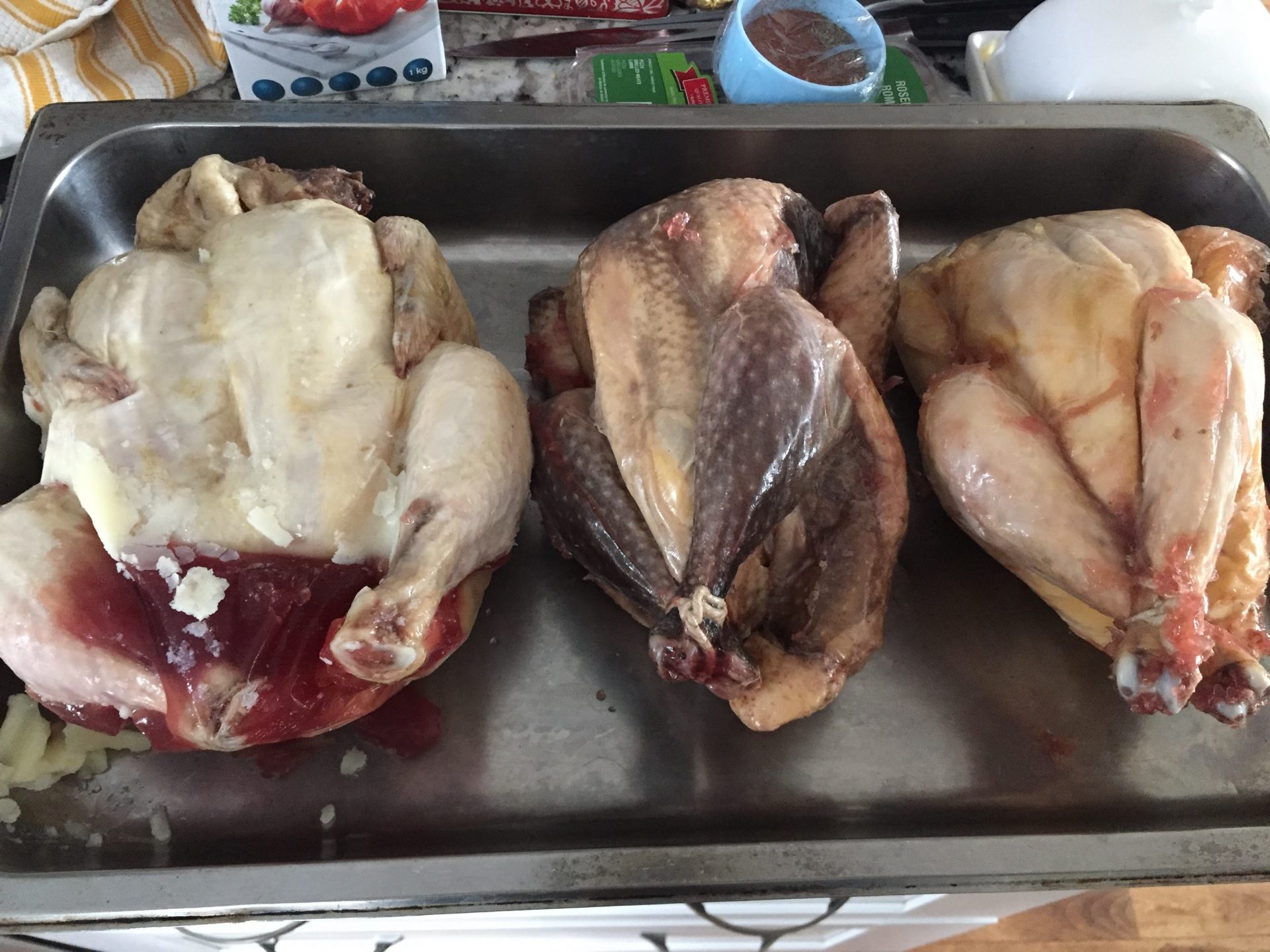 Post sous vide and pre browning I thought that all three birds looked quite tasty. Interesting to note is the gelatinous juice that formed with the capon on the left. In the oven this melted and created a fabulous pan juice.