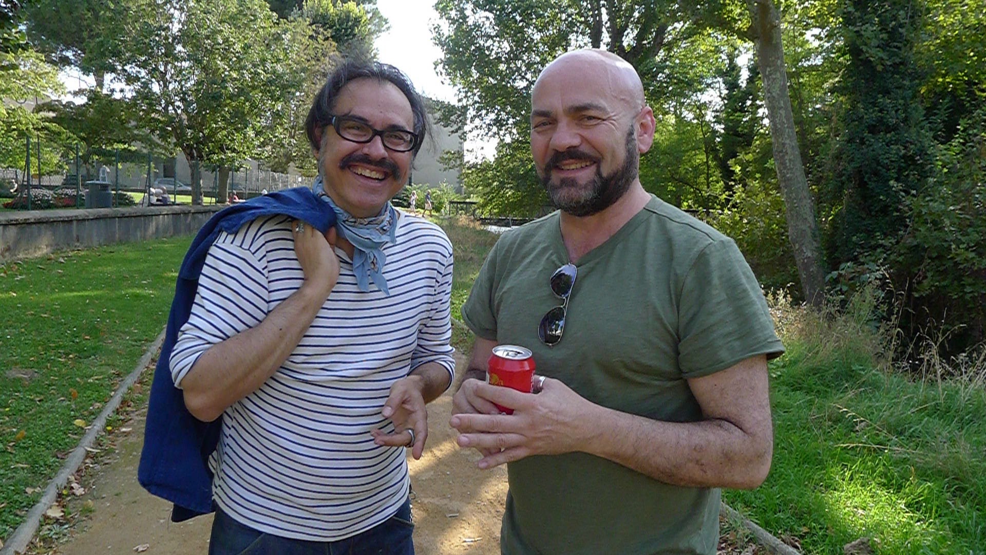 Finitribe's Davie Miller shares a laugh with the Convenanza festival's Bernie Fabre in Carcassonne.