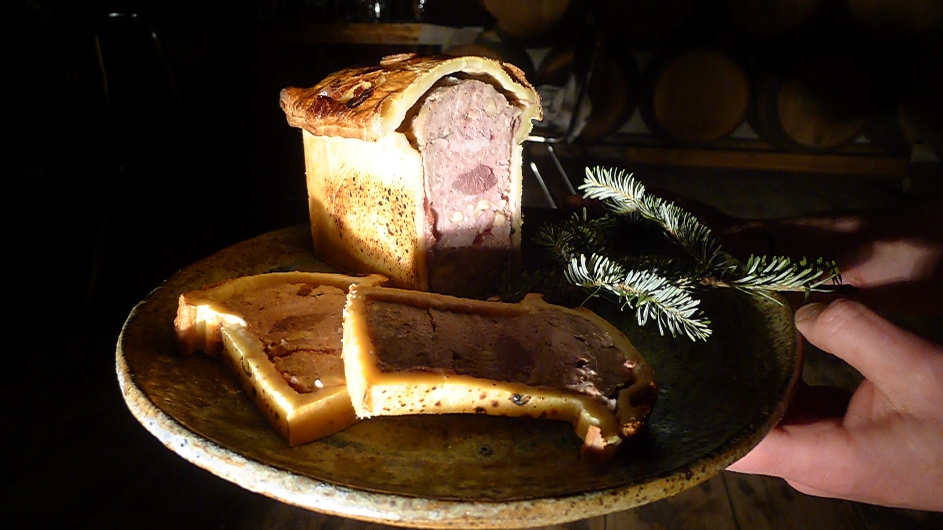 Game Paté-En-Croute, stuffed with pheasant, duck, goose, rabbit, and venison. Served with cressy mustard and cornichon. Mind-blowing, and served with some vintage Hinterland Rosé.