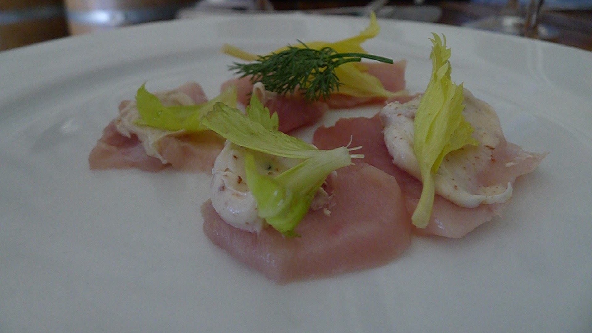 B.C. Albacore Tuna with Whipped Bacon Fat and Celery Foliage.