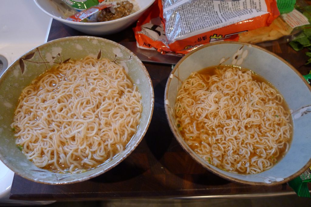 A Tale Of Two Broths : On the left the murky broth that comes from using the same water that the noodles are cooked in. On the right we have taken that extra step with the noodles and used an extra pot of water to make the broth.