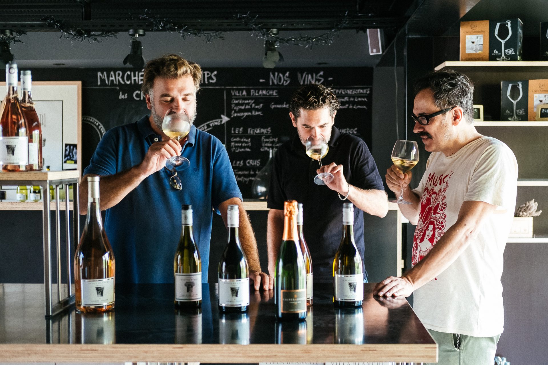 Laurent Calmel, Jérôme Joseph, and Convenanza's Bernie Fabre taste through the wines for this year's festival in Sète.