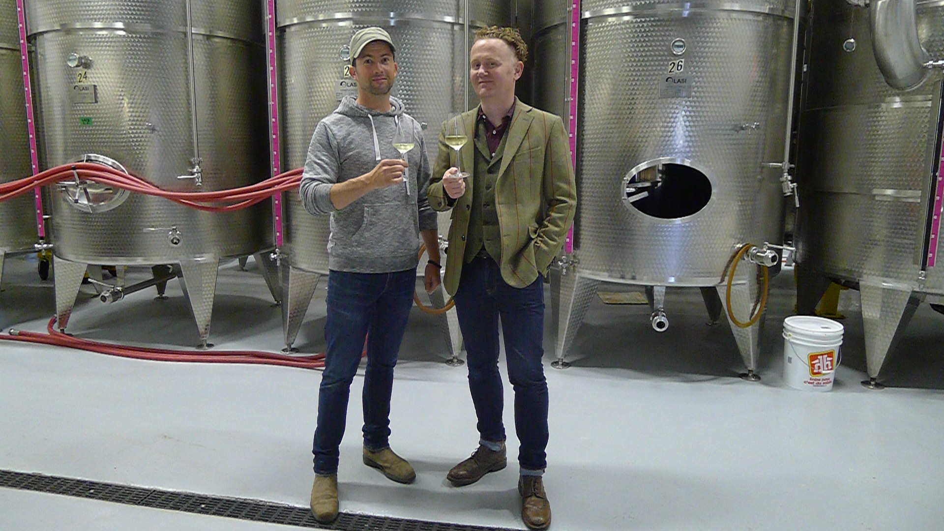 Two Sisters Winemaker Adam Pearce with Good Food Revolution's Adam Pearce at the winery.