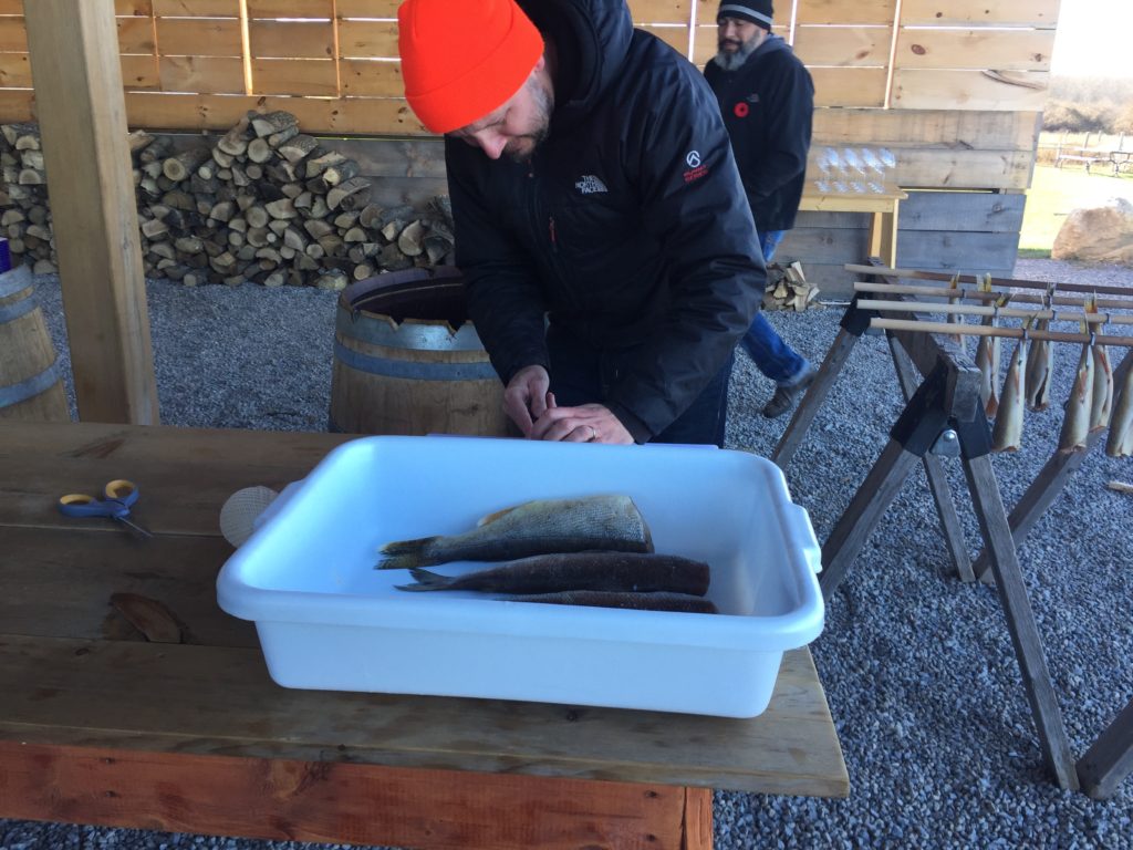 Despite the biting cold that day, Chef Neil Dowson was hard at work outside the brewery kitchen/dining room preparing locally-caught Whitefish and Pickerel to be smoked Arbroath Smokie-style in a barrel. 
