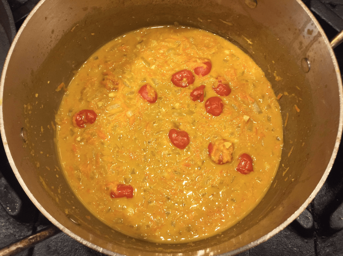 The Urban Peasant's Peanut Butter Soup cooking.