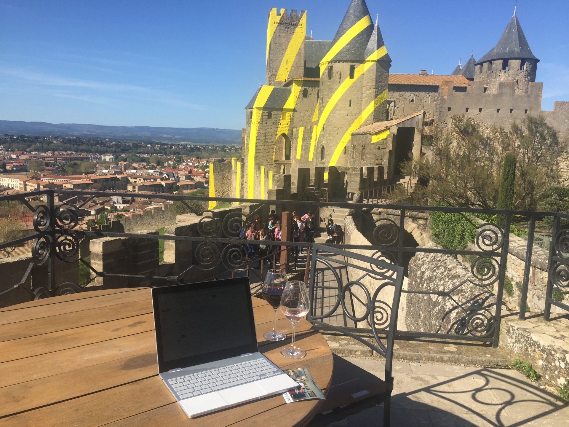 My office at Hotel de La Cité, Carcassonne, overlooking the rather special castle of Carcassonne.