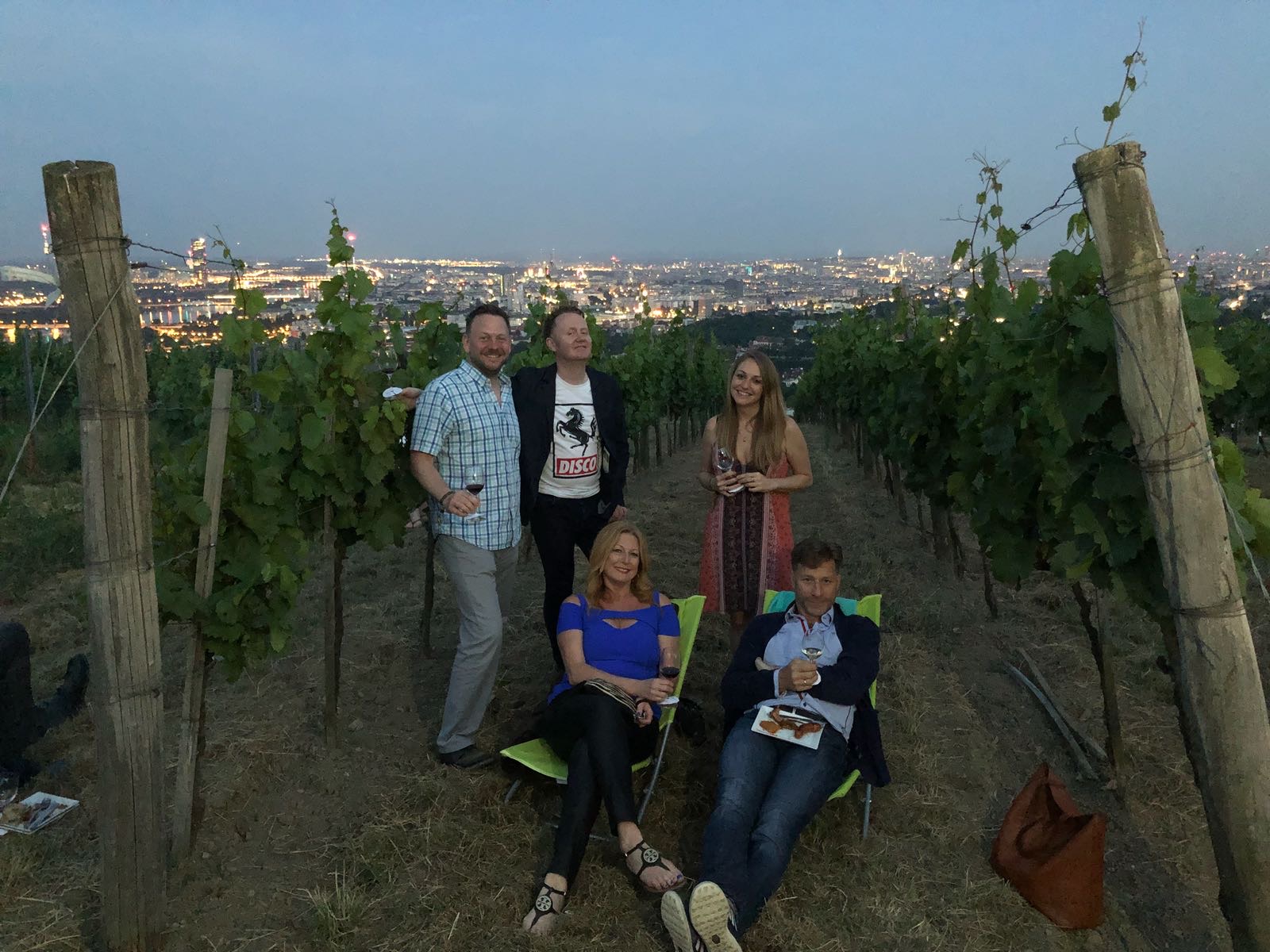Most of our little crew up on the hillsides overlooking Vienna as part of the Nussberg vineyard party.
