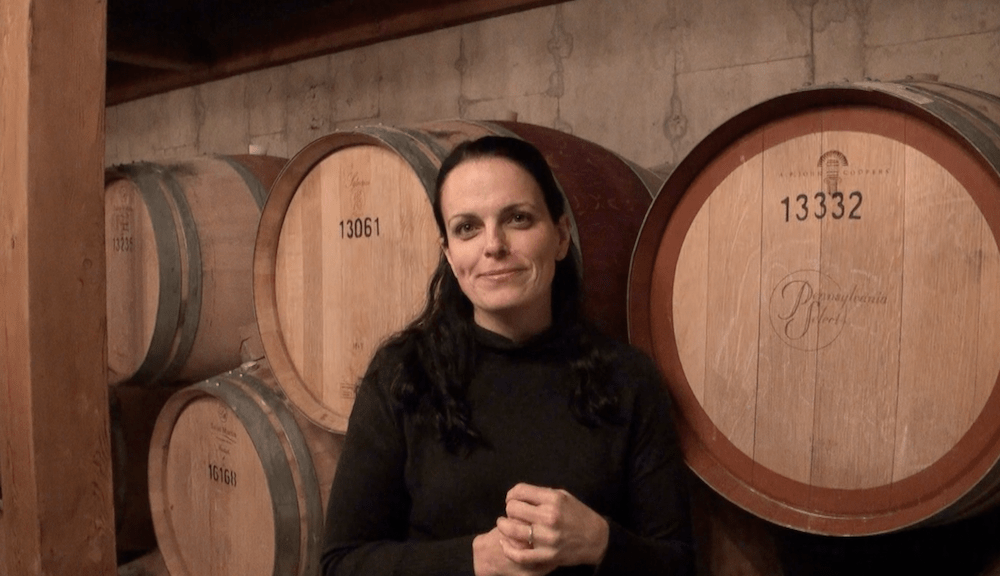 In the barrel cellar at Peller Estates winery with Winemaker Katie Dickieson.