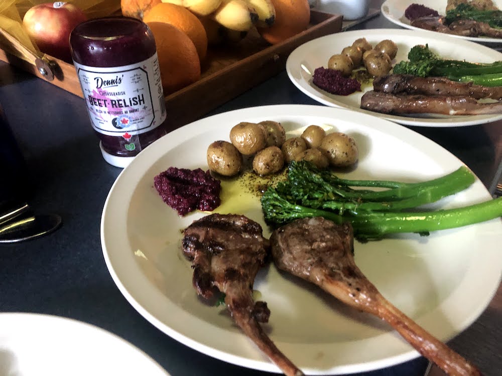 Trying out some of Dennis' Horseradish Beet Relish alongside some marinated Frenched lamb chops from Lamblicious, Wiarton. A very successful combo.