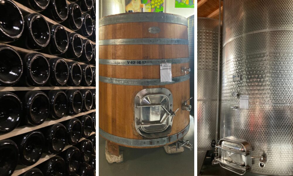 wine bottles, oak barrel, stainless steel tank